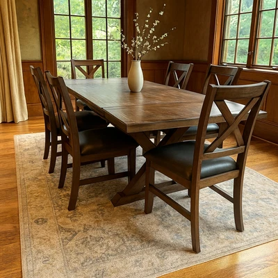 Extending Dining Table Solid Wood 6 Cross Back Chairs Leather Kitchen Furniture - Image 1 of 4