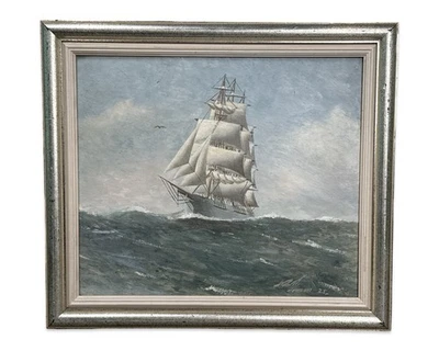 1934 Antique WHALING SHIP Old NEWPORT RHODE ISLAND Folk Art SEASCAPE PAINTING - Image 1 of 4