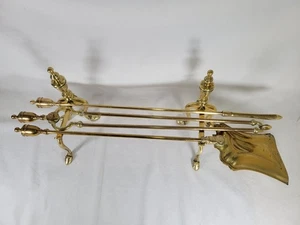 Fireside Brass Companion Set & Fire Dogs Anirons 3 Piece Vintage Large Heavy - Picture 1 of 24