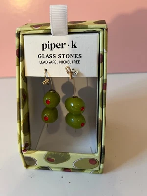 PIPER K Martini Olive Dangle Drop Glass Stone Earrings NEW - Image 1 of 2
