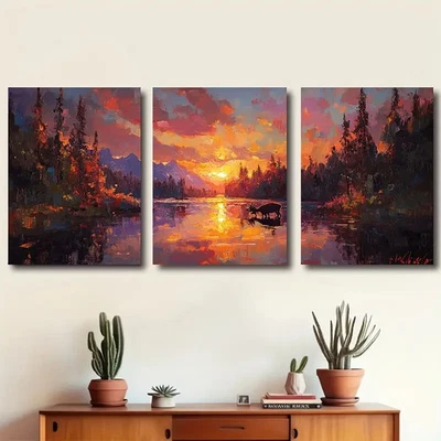 3pcs Canadian Wilderness Sunset Lake Scene Wall Art Canvas Unframed/Framed - Image 1 of 4