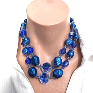 Vintage Iris Glas blau Barock Kunstperlen 2 Sterne Halsband Halskette 17" L - Bild 1 von 3