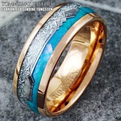 Alianza de boda chapada en oro rosa carburo de tungsteno imitación ópalo azul y meteorito Foto 1 de 4