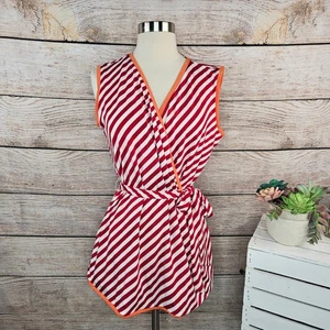 SERRA XL Red White Striped Sleeveless Wrap Top Blouse Orange Trim - Picture 1 of 5
