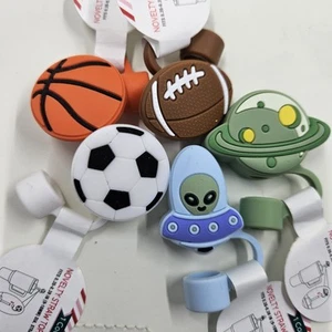 Set Of 5 Silicone Straw Toppers - Bottle Accessories, Sports and Space Bullseye - Picture 1 of 3