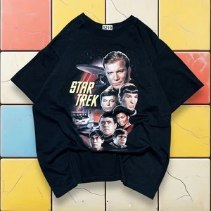 VTG Star Trek Promo Tee Y2K Men L Black Sci-Fi TV Show Captain Kirk Spock Art - Picture 1 of 12