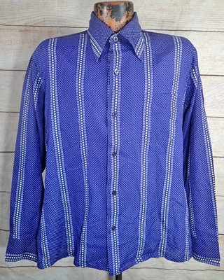 SEARS Kings Road MCM Disco Shirt Mens M Groovy Blue White Dot AOP Vintage 70s - Image 1 of 4