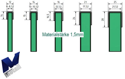 Einfassprofil U-Profil 1,5mm für Glasbrüstung ESG und VSG Glas 8 bis 21,52 mm.