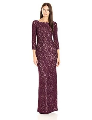 ADRIANNA PAPELL Mulberry Purple Wine Scalloped Lace V-Back Hi-Slit Maxi Gown 6P - Image 1 of 4