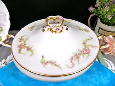 LIMOGES FRANCE casserole tureen large with pink rose swag 1920's Guerin 