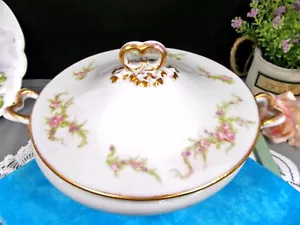 LIMOGES FRANCE casserole tureen large with pink rose swag 1920's Guerin - Picture 1 of 11