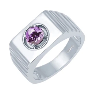 6MM Round Cut Natural Amethyst 14k White Gold Plated 925 Men's Engagement Ring - Picture 1 of 3