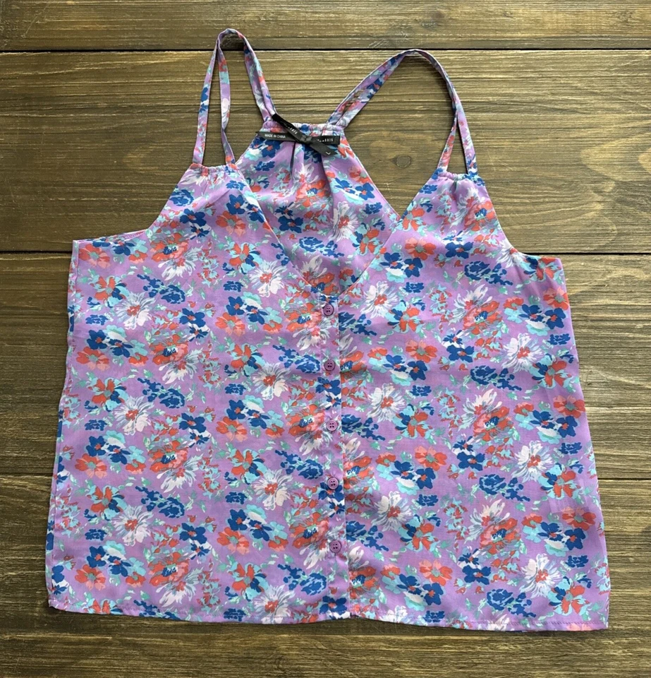 Ali & Kris Purple Floral Boho Button Down Tank Camisole L Semi Sheer CP1477AK - Image 1 of 4