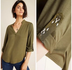 Top camicia Anthropologie Porridge Aidan verde taglia 1 x manica a rotolo 3/4 dettaglio cane - Foto 1 di 15