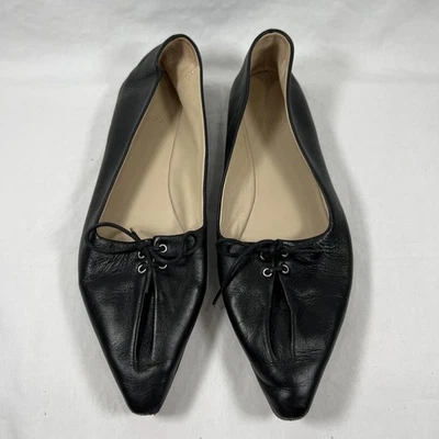 Theory Women's Black Pleated Lace Up Leather Flats 37.5 Luxury Designer US 7.5 - Image 1 of 4