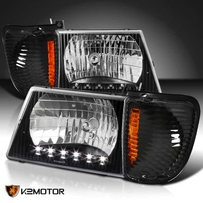 Fits 1992-2006 E150 E250 Econoline Van Black LED Lights Headlights+Corner Lamps - Image 1 of 4