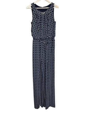 Tahari Jumpsuit Women’s 10 Navy Geometric Polka Dot Sleeveless Belted Wide Leg - Image 1 of 4