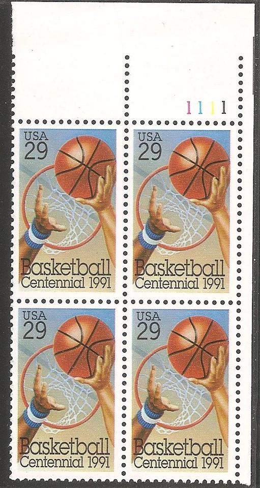 # 2560 1991 29¢ Basketball Centennial MNH PB(4) 1111 UR - Image 1 of 1