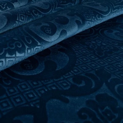 New Furnishing Embossed Damask Velvet Upholstery Fabric In Navy Blue Colour - Image 1 of 4