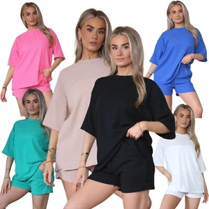 Damen Oversize Struktur Radshorts & T-Shirt Oberteil 2 Stück Tasche Co-Ord Set - Bild 1 von 12
