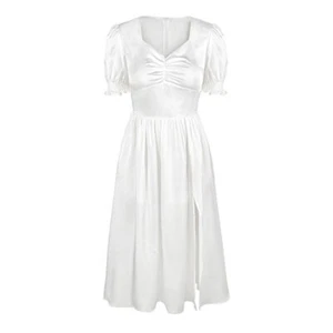 Women Summer Dresses Short Puff Sleeve Sweetheart Neck Slit High Waist Fairy - Picture 1 of 8