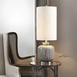 ZAHLIA URBAN EMBOSSED CERAMIC ACCENT BUFFET TABLE LAMP BRASS METAL UTTERMOST - Picture 1 of 3