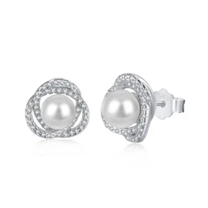 925 Sterling Silver Pearl CZ Love Knot Pearl Stud Earring for Women Teen Girl - Picture 1 of 5