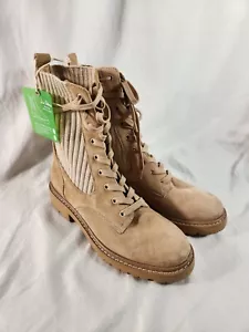 Sam Edelman Suede Tan Lydell Mix Media Rib Knit Lace Up Boots Size 7.5 New - Picture 1 of 11