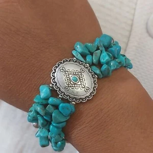 Boho Southwestern Inspired Natural Howlite Turquoise Stretch Bracelet with Conch - Picture 1 of 8