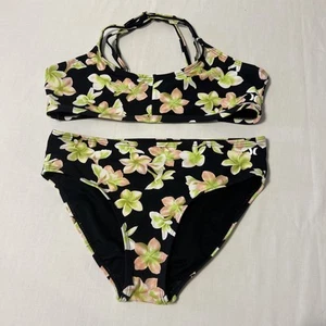 Hurley Girls 2 Piece Swim Set Black W/Plumaria Flowers Sz 12-13 yrs-EUC - Picture 1 of 6