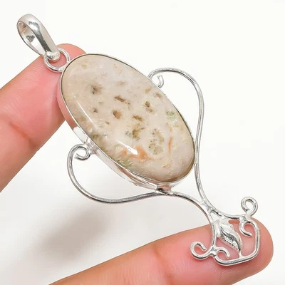 Pendente In Argento Sterling 925 Fatti A Mano In Gemma Di Corallo Fossile 3.03" - Immagine 1 di 4