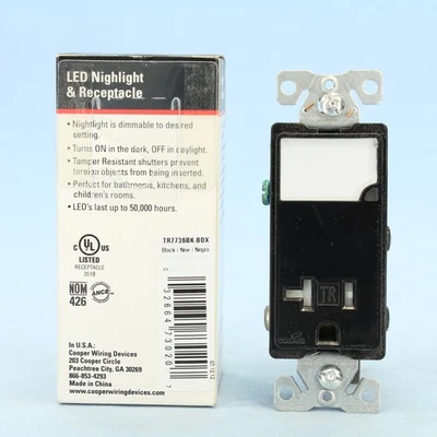 Cooper Black Tamper Resistant Receptacle Nightlight Combo 5-20R 20A 125V TR7736 - Image 1 of 4