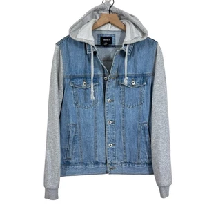 Forever 21 Mens Denim Jean Hoodie Jacket Size M Grunge Urban Streetwear - Picture 1 of 9