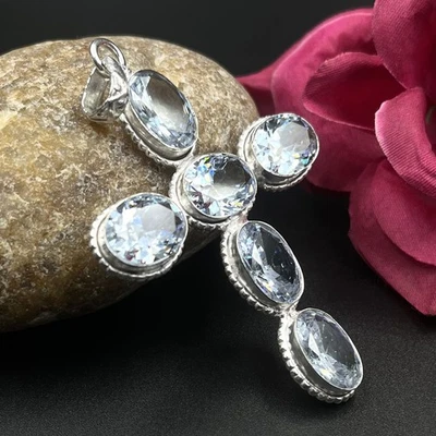 Colgante Cruz Joyería Piedras Preciosas Topacio Blanco Plata de Ley 925 Foto 1 de 4