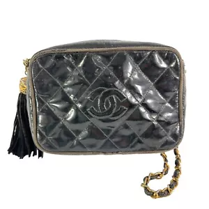 Vintage CHANEL Black Quilted Patent Leather Camera Tassel Bag Purse Distressed - Picture 1 of 24