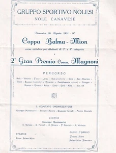 Nole Canavese - Coppa Balma-Mion Gran Premio Magnoni 1931 Ciclismo - Imagen 1 de 3