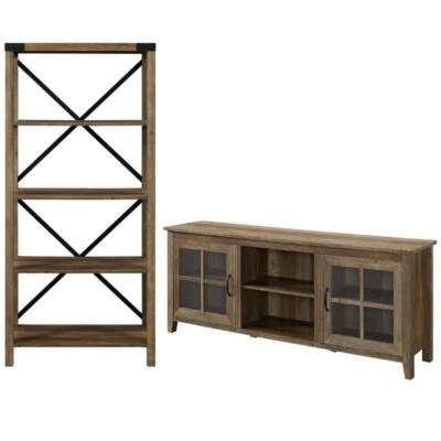 Home Square 2 Piece Set with Wood TV Stand and X Bookcase in Rustic Oak - Image 1 of 4