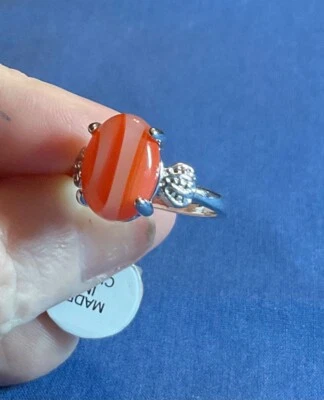 Carnelian Agate Gemstone Ring w/ Hearts on Band, Size 7, ORANGE & Cream STRIPED - Image 1 of 4