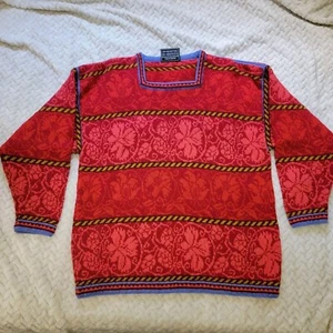 OLEANA Norway 100% Wool Multicolor Fair Isle Floral Red Sweater Women's M - Picture 1 of 17
