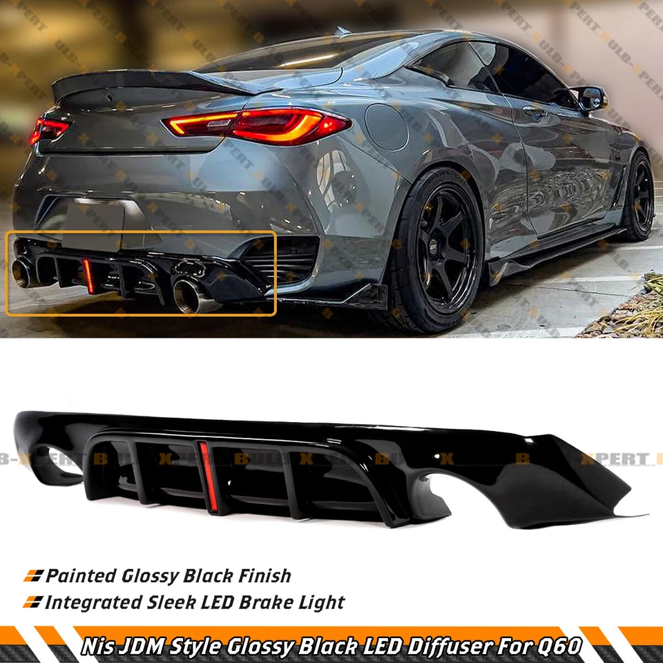 DIFUSOR PARACHOQUES TRASERO NEGRO BRILLANTE CON LUZ DE FRENO LED PARA INFINITI Q60 2017-2022 Foto 1 de 4