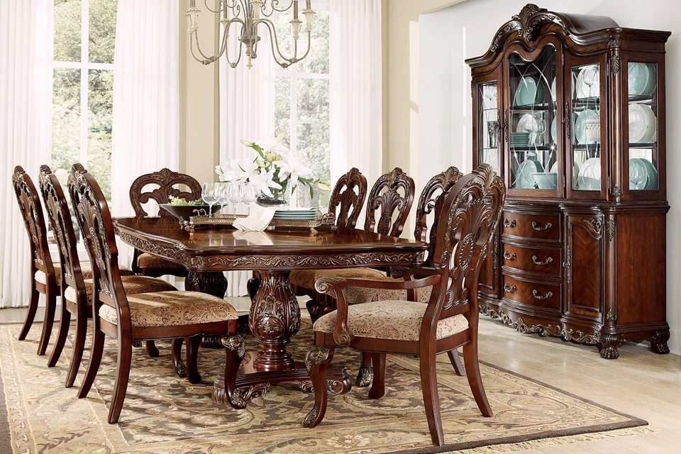 NEW Formal Dining 87"-115" Extendable Table & Chair Cherry Brown Traditional Set - Image 1 of 4