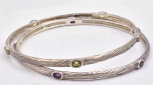 Artist made Sterling Silver Peridot & Amethyst pair of slip on Bangle Bracelets - Picture 1 of 3