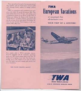 Folleto europeo de vacaciones de TWA 1950 con avión en cubierta - Imagen 1 de 2