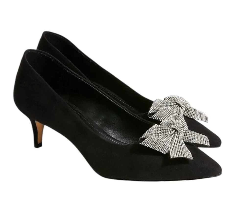 J.Crew 黑色小猫高跟鞋水钻蝴蝶结尖头正装鞋 9 码闪亮 — 第 1/4 张图片