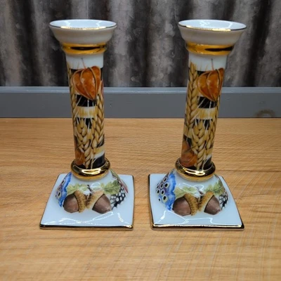 MacKenzie Childs Pheasant Run Pair of Candlesticks Porcelain 7" Fall Decor - Image 1 of 4