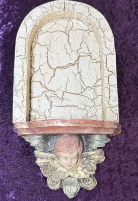 Angel Wall Shelf Sconce Plaque Cherub Shabby Crackle Finish Hollywood Regency - Image 1 of 4