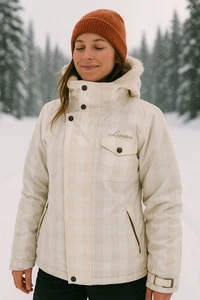 Burton Dutchess Women’s Snowboard Jacket M White Plaid Insulated Faux Fur Hood - Picture 1 of 24