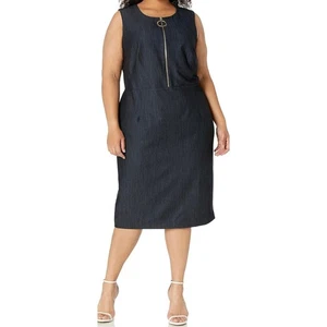 Abito tubino donna Calvin Klein 14W denim senza maniche nero risciacquo zip davanti nuovo senza etichette - Foto 1 di 13