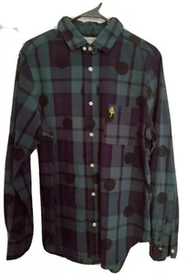 Five Four Mark McNeary Men's Shirt Large Black/Green Plaid W/ Large Polka Dots - Picture 1 of 12