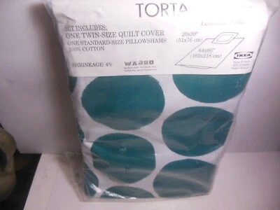 IKEA TORTA Twin Size Quilt Cover Standard Pillow Sham Blue Green Polka Dot Circl - Image 1 of 4
